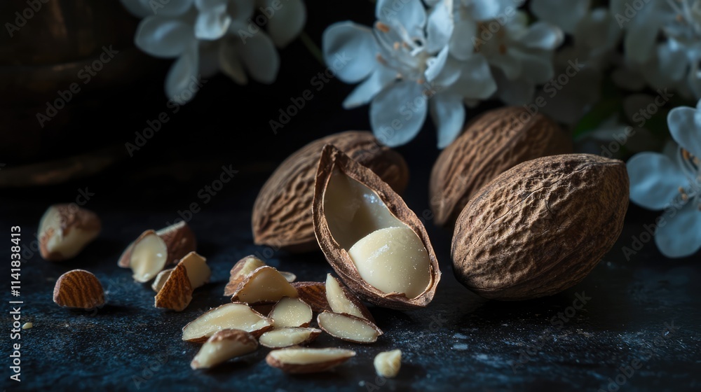 Aufkleber almonds in shell and sliced kernels on dark surface with white blossoms enhancing rustic and natural