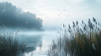 Misty Wetland with Swaying Reeds and Birds in Flight Over Serene Water