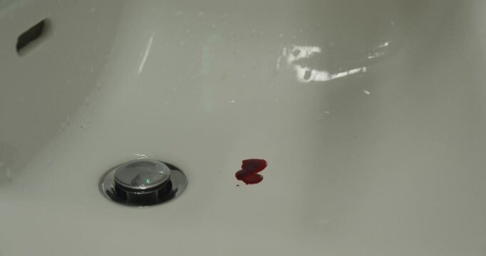 Blood dripping into a sink close up