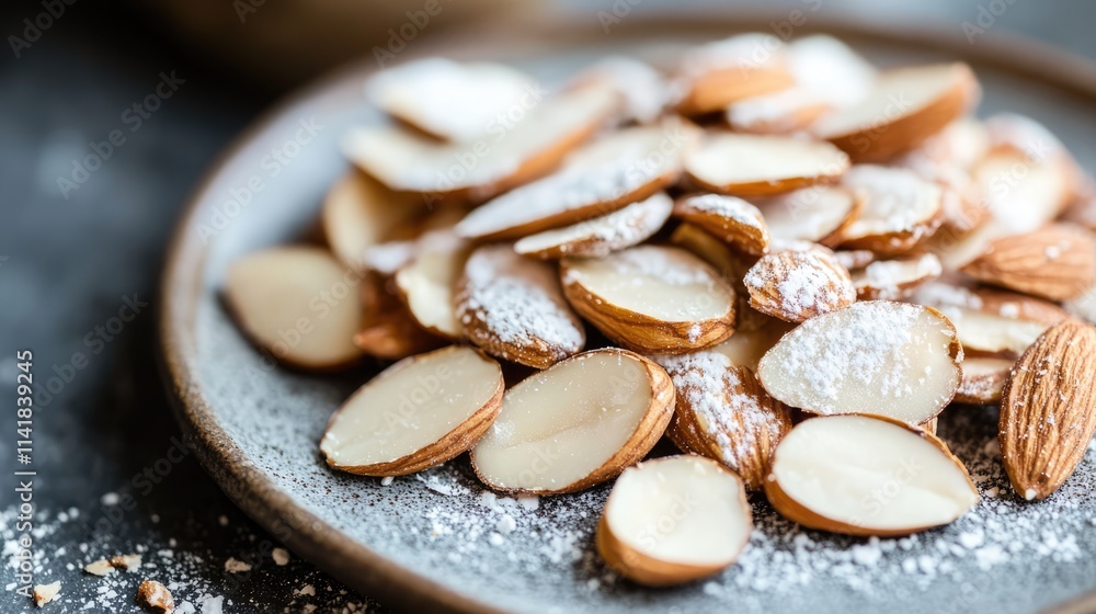 Aufkleber sliced almonds sprinkled with powder sugar on a rustic plate creating a delightful and appetizing fo
