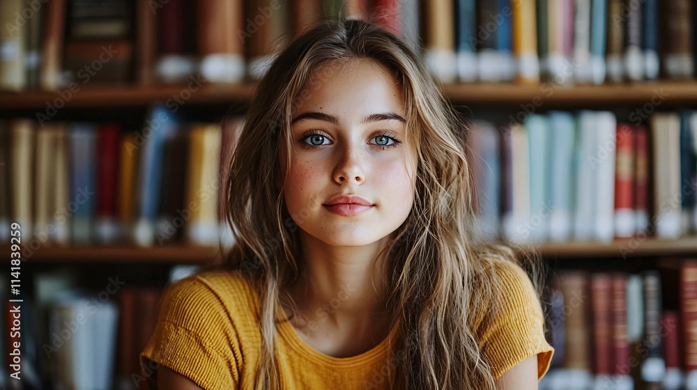 Poster student sitting in a library surrounded by books symbolizing academic dedication and personal milest