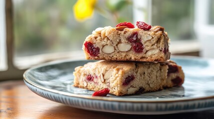 Almond and goji berry scones on a plate with a natural background showcasing fresh ingredients and a cozy atmosphere.