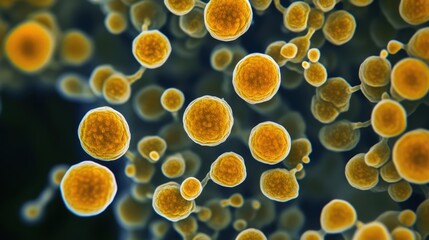 Close-up of Staphylococcus aureus bacteria showcasing their unique spherical shape and vibrant yellow color under microscopic view