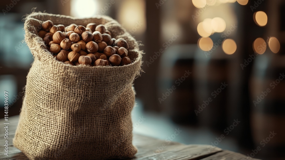 Poster bag of hazelnuts displayed on a vintage wooden table with blurred background emphasizing rustic char