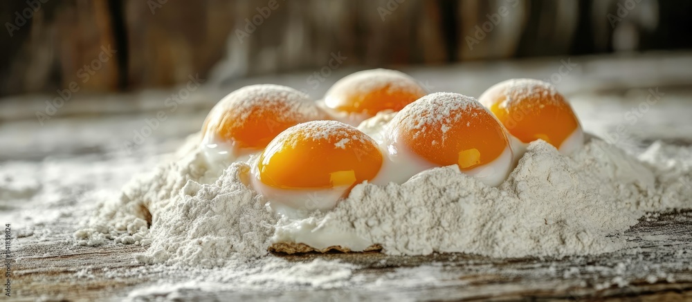 Aufkleber rustic baking setup with raw eggs and flour on wooden countertop ideal for culinary projects and rec