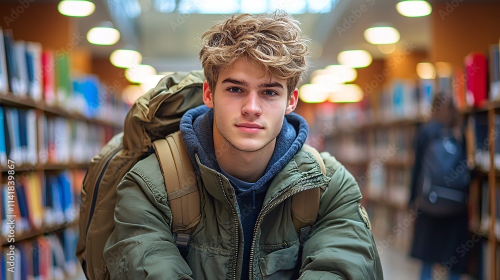 Poster student sitting in a library surrounded by books symbolizing academic dedication and personal milest