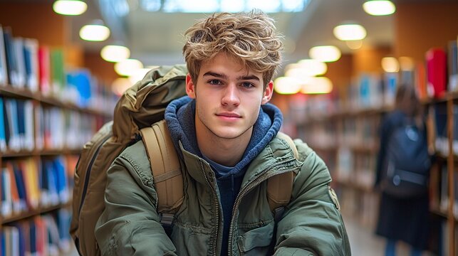 Student sitting in a library surrounded by books symbolizing academic dedication and personal milestones Stock Photo with side copy space