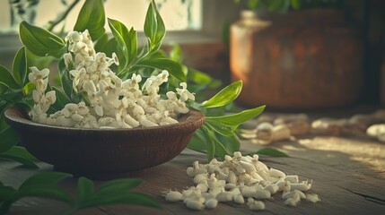 Baikal skullcap herbal remedy with fresh leaves in rustic setting showcasing traditional medicine and natural healing practices