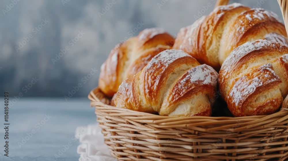 Poster freshly baked croissants in a rustic wicker basket on a textured table background showcasing delicio