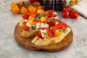 Bruschetta tapas with chorizo and tomato