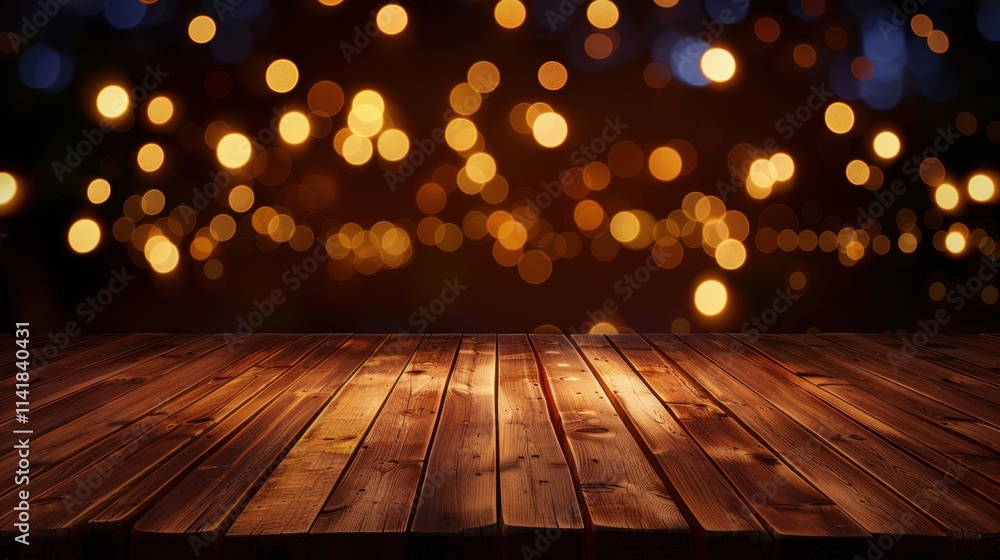 Poster a warm, wooden surface illuminated by soft bokeh lights, creating a cozy and inviting atmosphere per
