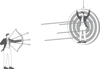 Businessman is pinned to a spinning target and throws darts