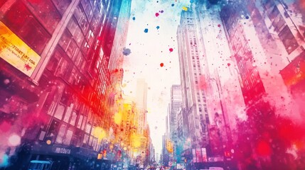 Colorful city street, vibrant skyscrapers, watercolor effect, urban landscape, confetti.