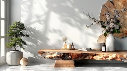 A serene interior featuring a wooden table, decorative plants, and minimalist decor, highlighted by soft shadows and natural elements.