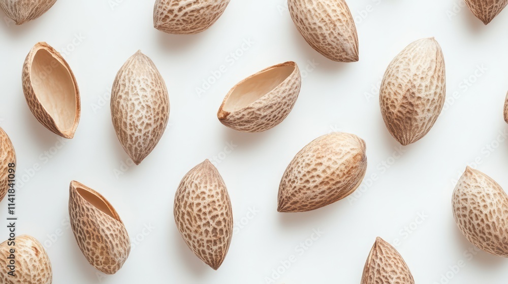 Poster dried almond shells arranged on a white background showcasing natural textures and patterns in a top