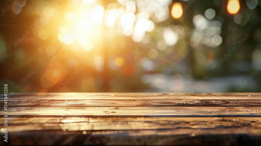 Poster a sunlit wooden table with a soft bokeh background, creating a warm and inviting atmosphere.