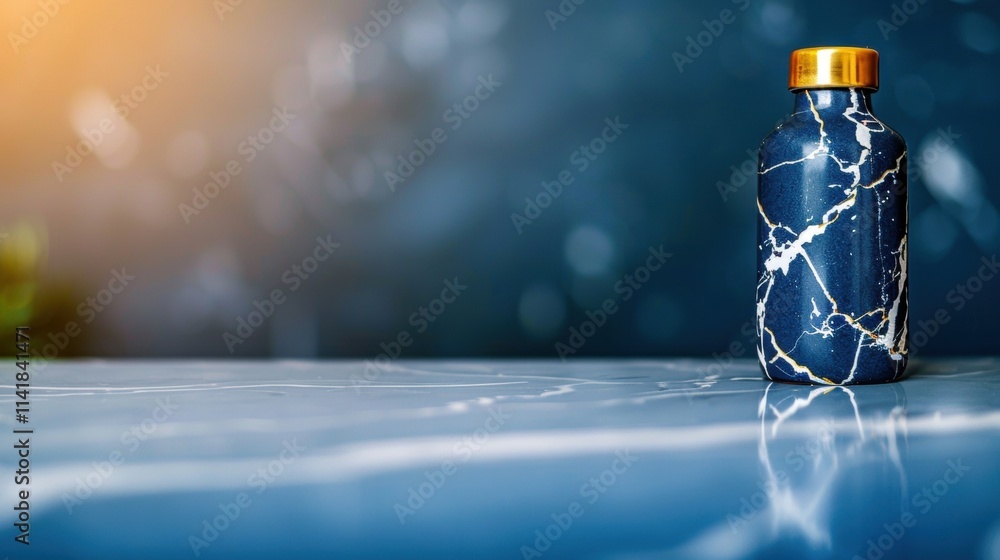 Poster a stylish navy bottle with a marble pattern stands on a reflective surface, illuminated by soft ligh