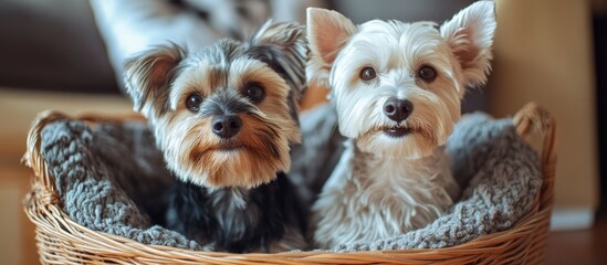 Stylish dogs relaxing in a cozy basket showcasing companionship and cuteness in a warm indoor setting.