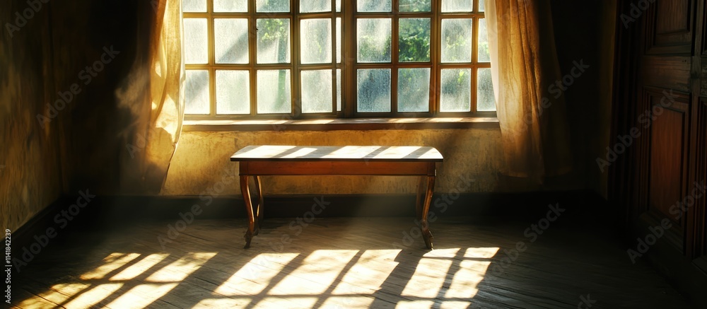 Aufkleber abandoned room illuminated by sunlight casting shadows through the window creating a serene and atmo