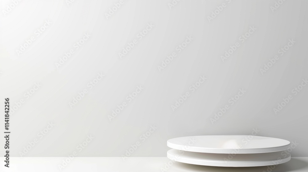 Poster A minimalist image featuring simple white plates stacked against a light gray wall, emphasizing clean lines and subtle elegance.