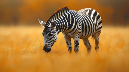 Fototapeta premium A zebra is grazing in a field of tall grass