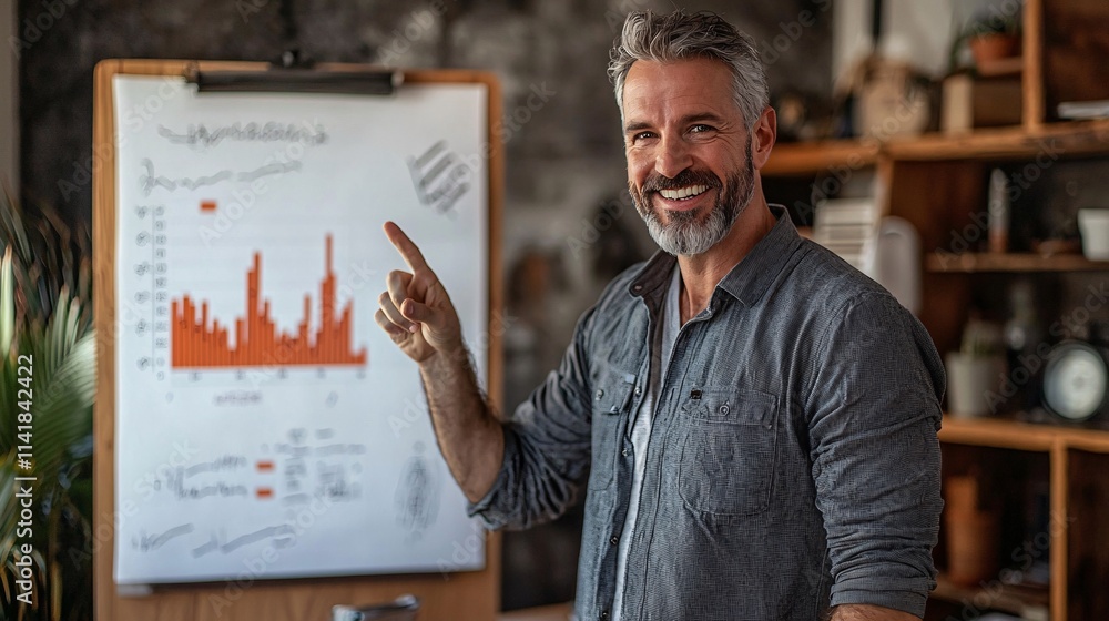 Poster entrepreneur smiling while pointing at a growth chart in a meeting room symbolizing milestones and b