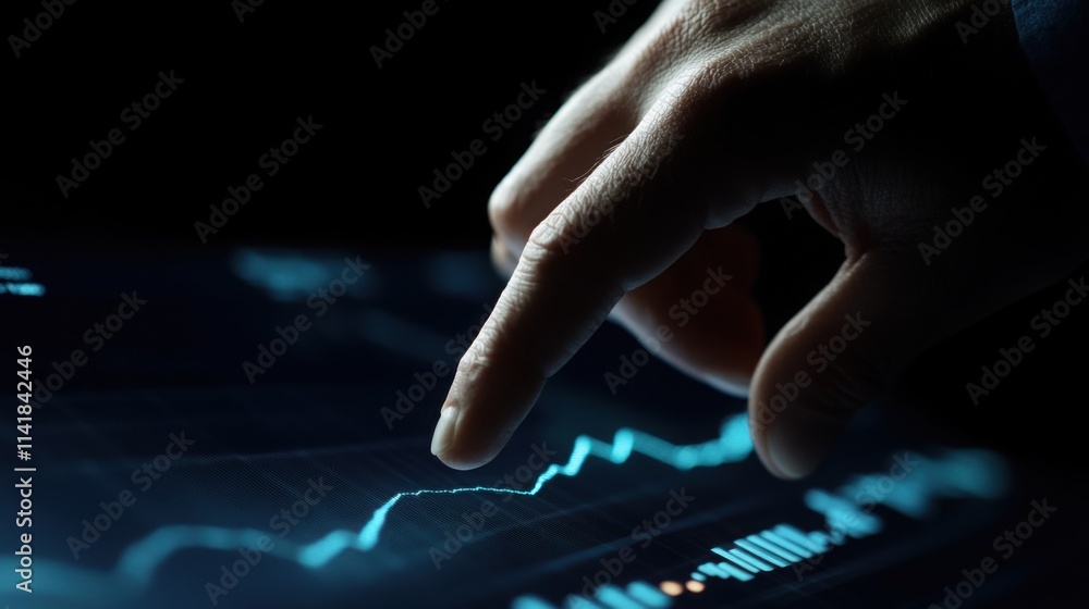 Poster analyzing financial data on a touchscreen display in a darkened room