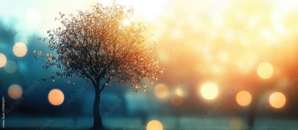 Poster abstract silhouette of a tree enveloped in soft bokeh light creating a serene atmosphere for artisti