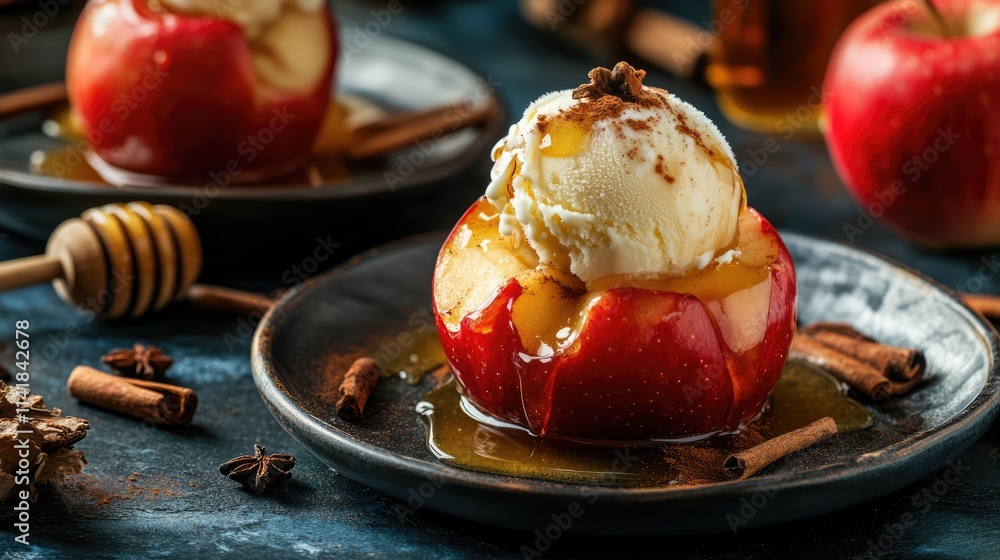 Aufkleber baked apples topped with vanilla ice cream honey and cinnamon served on a rustic wooden table with a