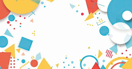 A colorful abstract design featuring various geometric shapes on a white background.