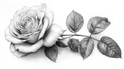 Detailed monochrome rose illustration with leaves
