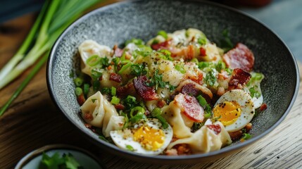 Bacon dumpling salad topped with spring onions and soft boiled egg in a rustic bowl on wooden table
