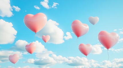 Heart-shaped balloons in sky, symbolizing love and celebration.