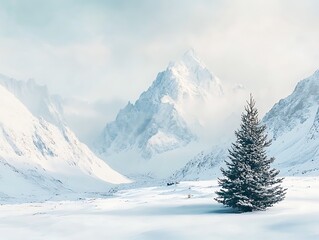 Obraz premium Winter Landscape With Snowy Mountains And Christmas Tree 