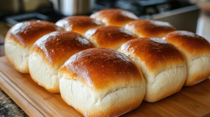 Freshly baked dinner rolls golden brown on a wooden board ready to serve in a cozy kitchen setting.