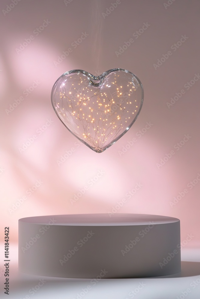 Poster Illuminated heart with twinkling lights floating above platform