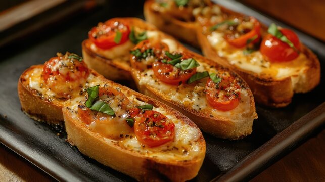 Baguette toasts topped with mozzarella cheese cherry tomatoes and fresh basil served on a rustic wooden background close up view
