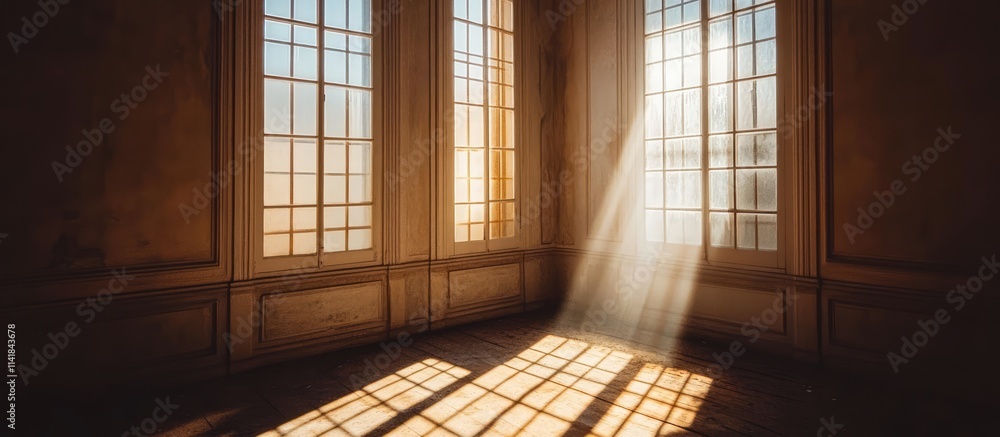 Poster sunlit abandoned room casting dynamic shadows through windows creating a serene and atmospheric ambi