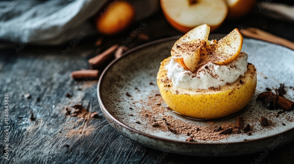 Poster baked apple dessert topped with cinnamon and coconut yogurt in a rustic setting with space for text 