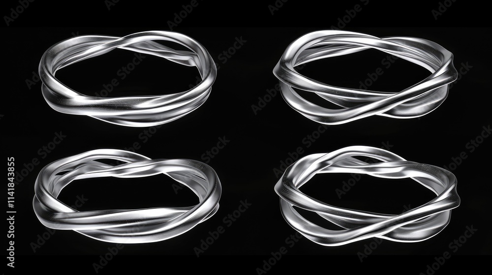 Poster abstract metallic loops intertwined in four variations against a dark background.