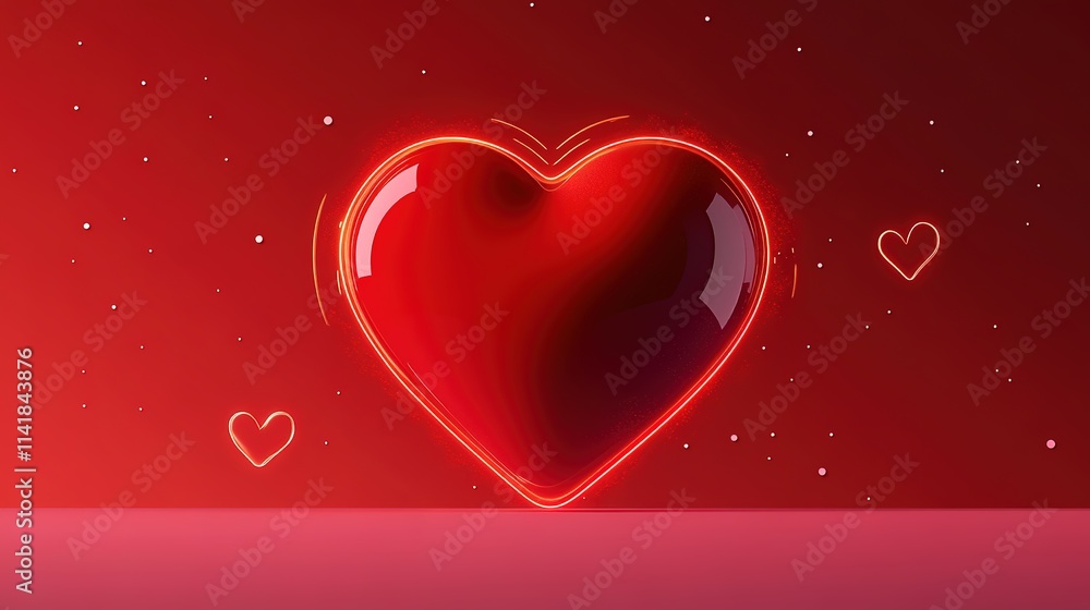 Poster glowing neon heart on red background with sparkling particles