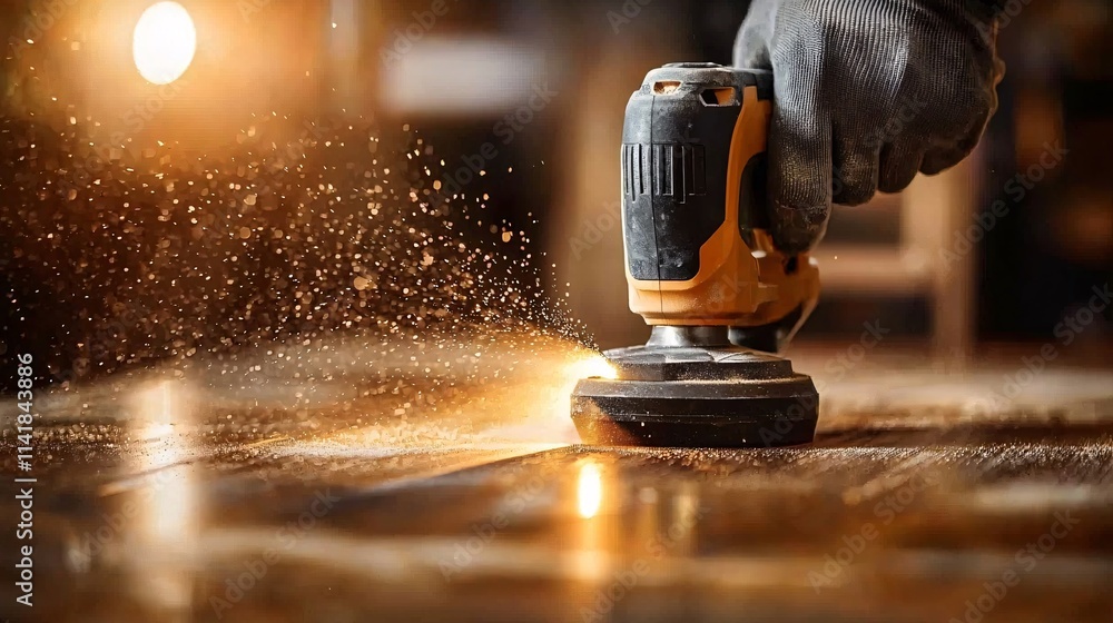Poster homeowner using a multi-function power tool to polish and smooth a wooden surface during a home repa