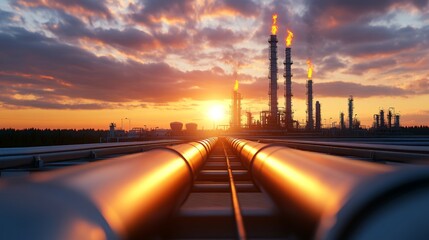 Sunset Over Refinery and Pipelines Stretching to Horizon
