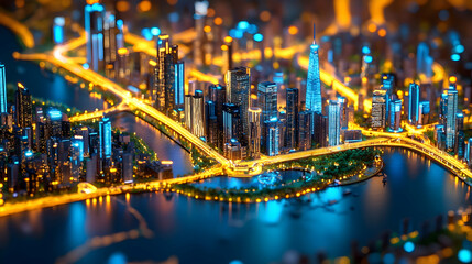 Night cityscape miniature model with illuminated buildings and roads.