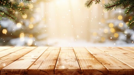 A cozy wooden surface surrounded by pine branches and glowing lights, creating a warm, festive atmosphere perfect for holiday celebrations.