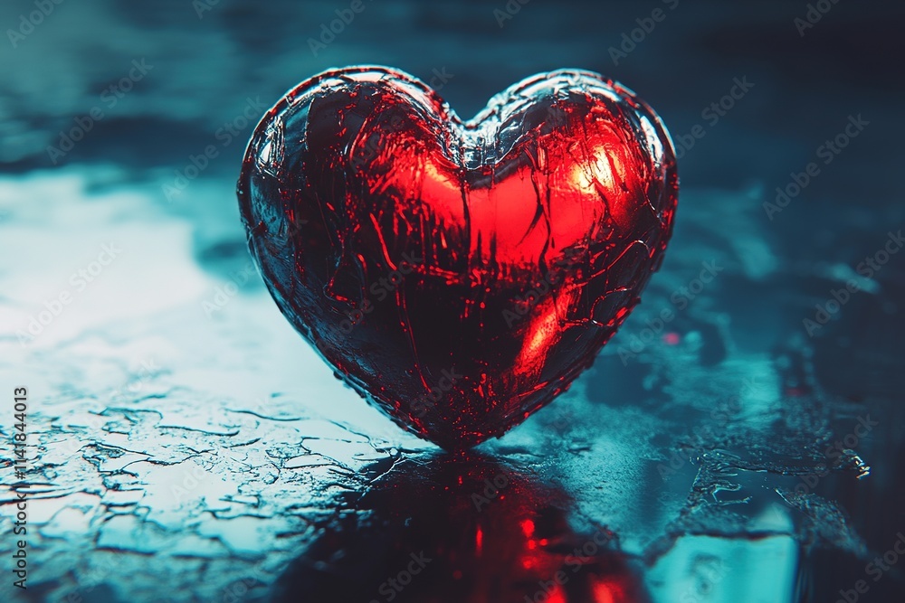 Poster red heart on wet surface with soft lighting and reflection.