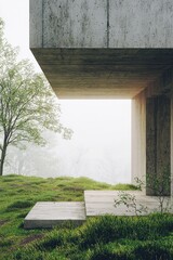 Minimalist architecture of a concrete building with, green grass, trees and a foggy sky
