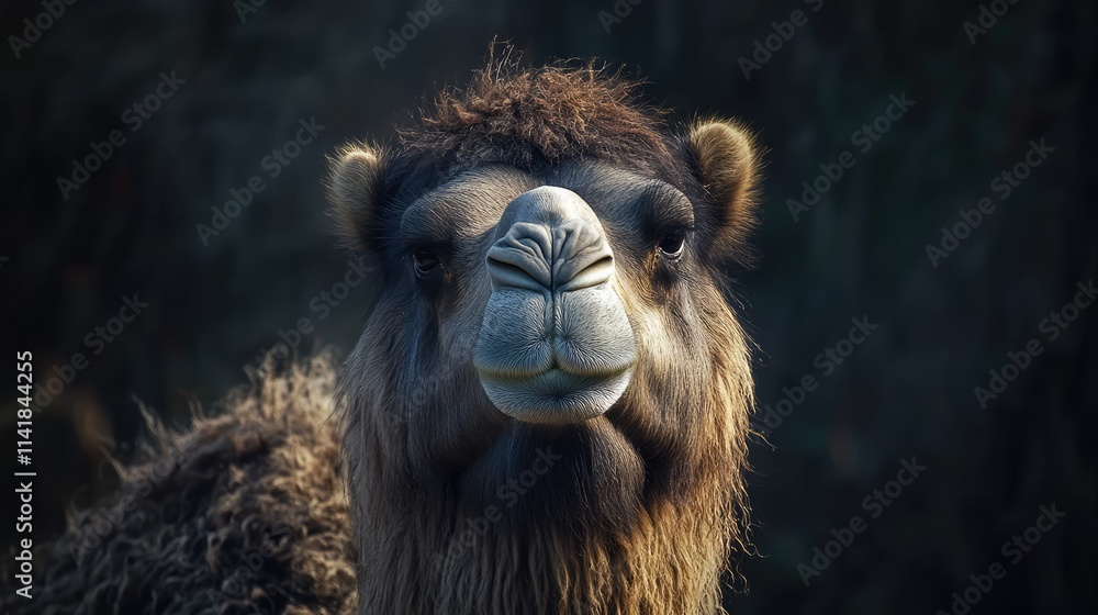 Poster bactrian camel portrait showcasing its unique features in a natural wildlife setting under soft ligh