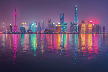 Obraz premium Night cityscape skyline reflected in calm water.