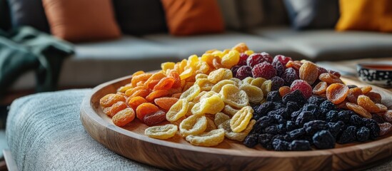Assorted dried fruits beautifully arranged on a wooden tray in a cozy living room ideal for healthy snacking and nutritious diets